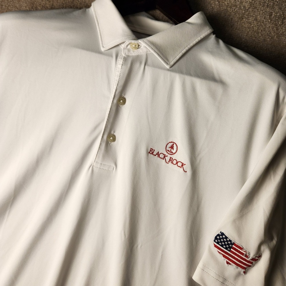Johnnie-O Polo Shirt Mens XL‎ White Red Performance USA Flag Patch Golf Top